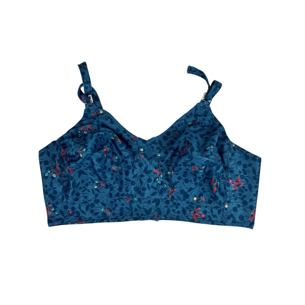 Vintage Crop Top Womens 1X Blue Cherry Print Cropped Cone Bra Volup Summer